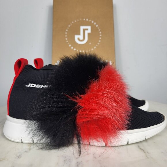 NWB~$345~JOSHUA*S~38/8~ITALY RED BLACK FOX FUR EXTRA LIGHT SNEAKERS SHOES BOOTS - Picture 1 of 16